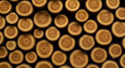 A close up view of many wood logs stacked together showing their circular patterns and natural texture ai generative