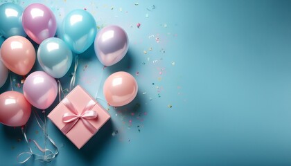 pastel colored balloons and a pink gift box on a blue background studio shot with confetti and streamers for a birthday party