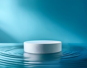 a minimalist podium display floating on water on soft blue background mockup for showcasing cosmetics beauty products or natural themed promo