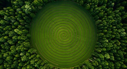 Aerial view of a green spiral field surrounded by a dense forest with many trees and lush vegetation ai generative