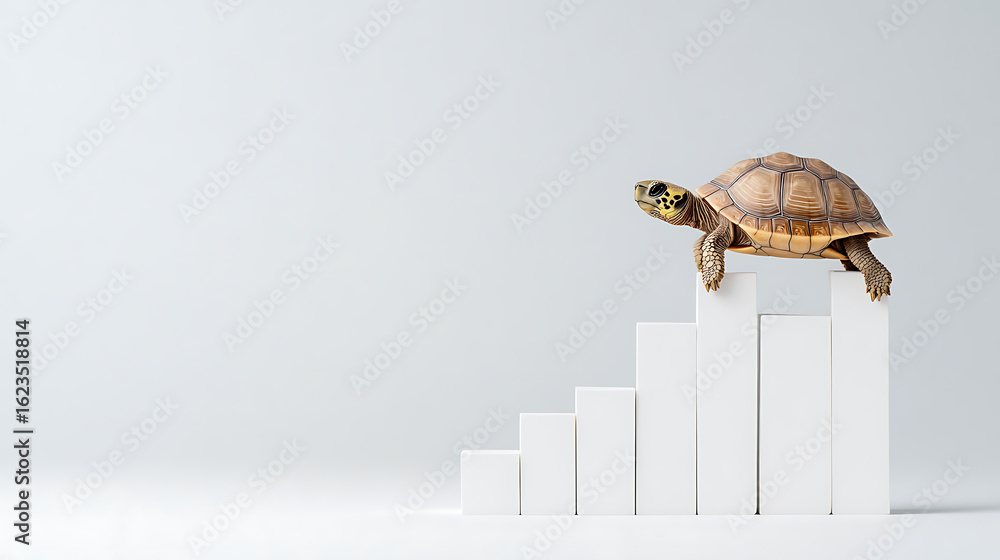 Poster turtle climbing a bar graph. symbolizing steady progress, slow and steady wins the race, consistent 