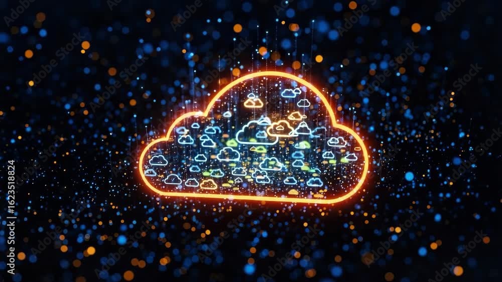 Poster a vibrant digital cloud symbol surrounded by colorful particles representing data transfer and conne