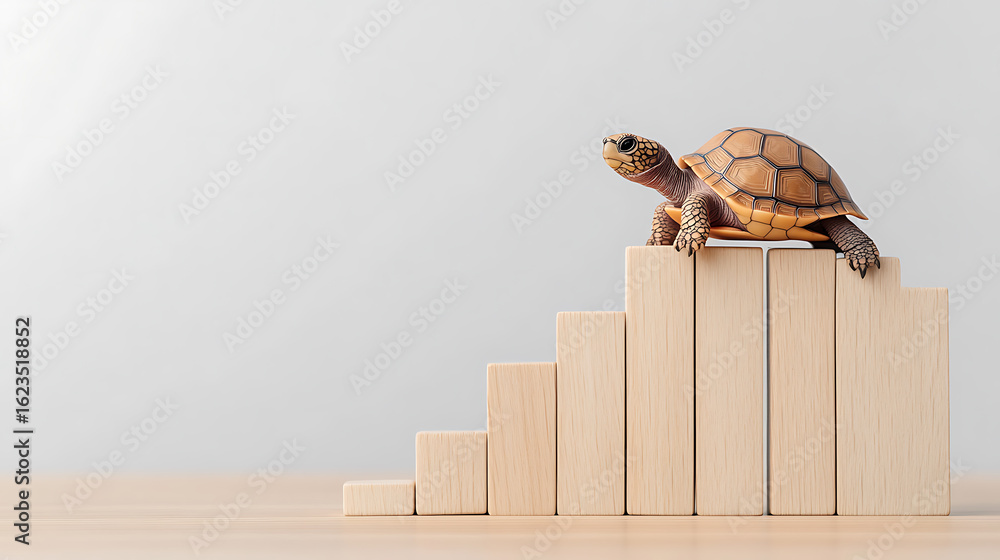 Poster turtle climbing wooden block stairs against a gray background. slow and steady wins the race. concep