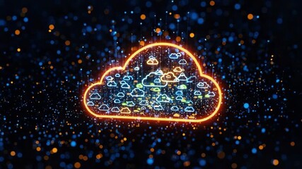 A vibrant digital cloud symbol surrounded by colorful particles representing data transfer and connectivity in a futuristic setting ideal for technology-related projects - Powered by Adobe