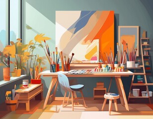 flat minimalistic art studio interior canvas creative workspace painting tools soft color palette modern artist concept