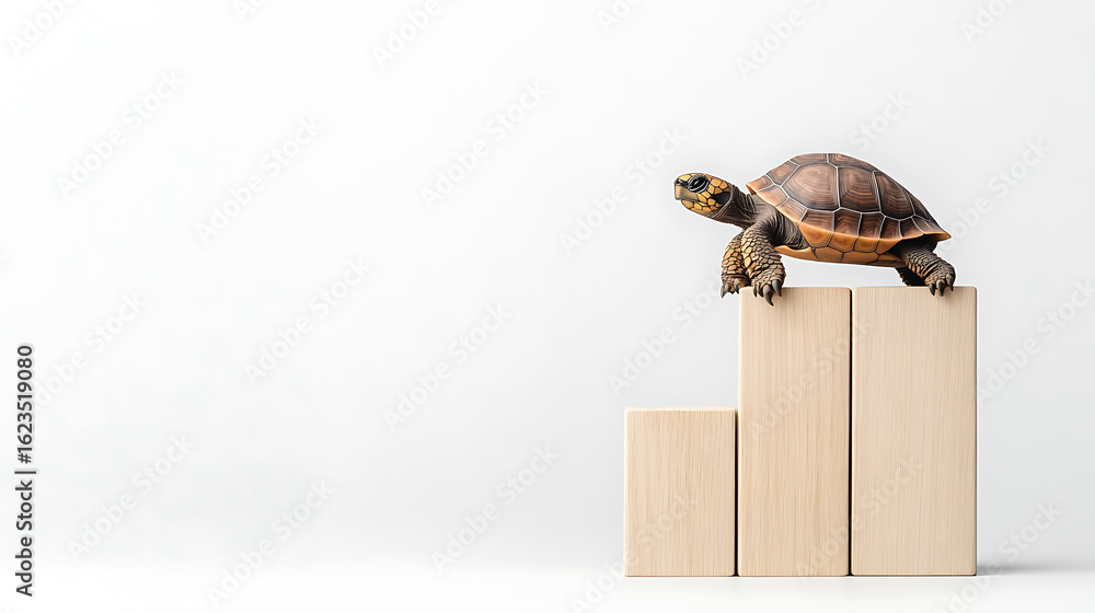 Poster turtle conquering block heights, symbolizing slow and steady progress towards success, highlighting 
