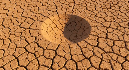 Dry cracked earth with a round shadow creating a circular pattern on the arid landscape ground view ai generative