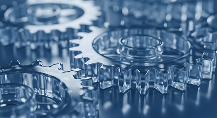 Close up of several metal gears with intricate teeth and a blueish hue highlighting the details ai generative