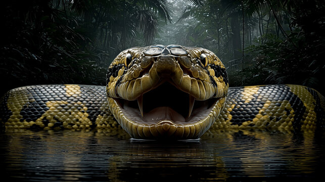 A terrifying close-up of a massive anaconda with striking golden-yellow and black scales, lunging from a dark jungle river with its mouth open in a threat display.