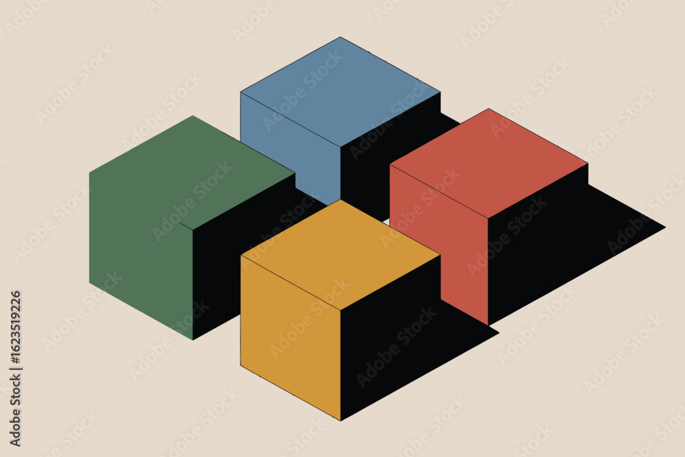 Poster isometric view of four colorful cubes with shadows arranged in a square formation on a beige backgro