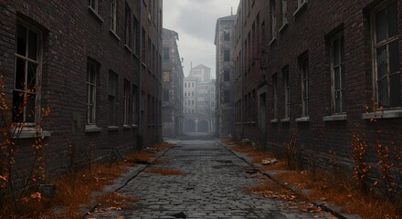A narrow alleyway between tall brick buildings under a cloudy sky in an urban environment scene view ai generative