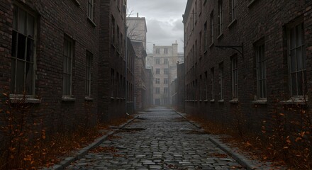 A narrow alleyway paved with cobblestones between old brick buildings on a cloudy and overcast day ai generative