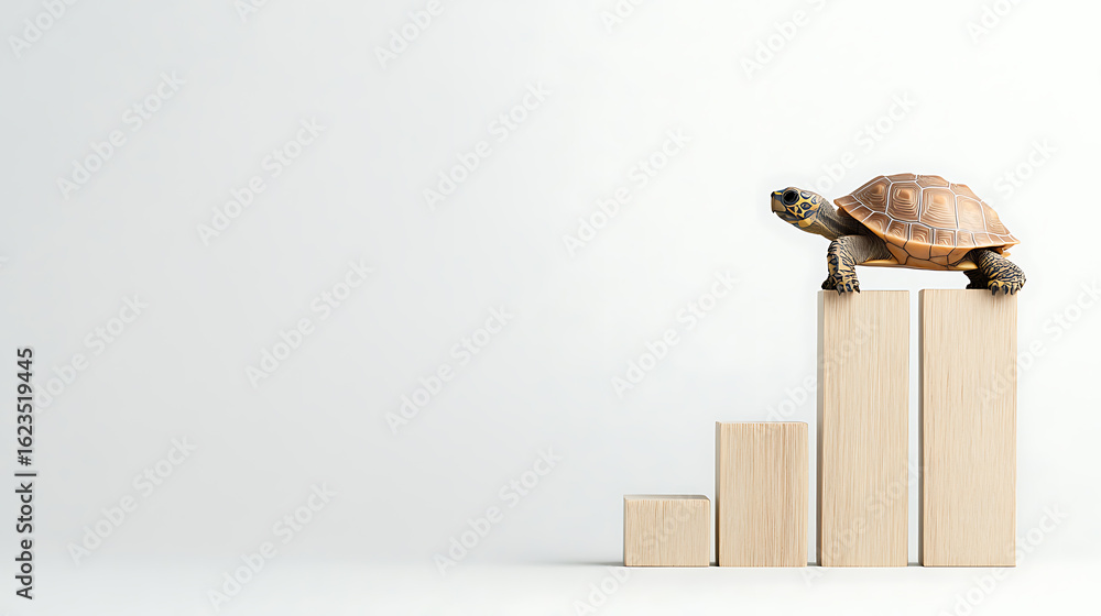 Poster turtle climbing wooden block graph. slow and steady wins the race. success through perseverance on l