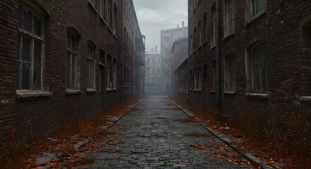 A narrow alleyway between brick buildings under a cloudy sky with cobblestone street and fallen leaves ai generative