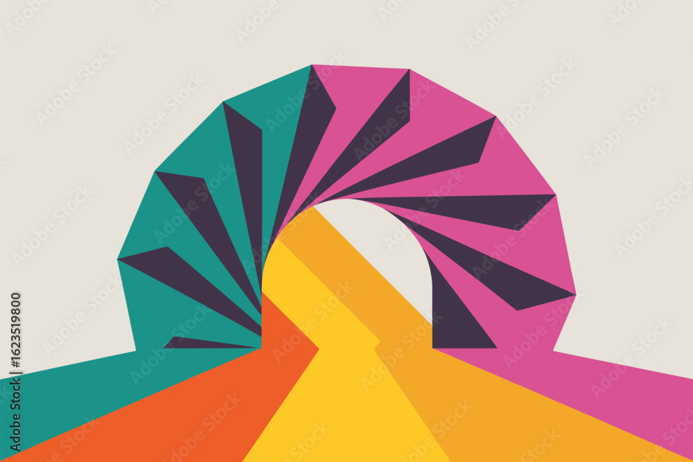 Poster abstract geometric design featuring a colorful archway and fan like shapes on a light background