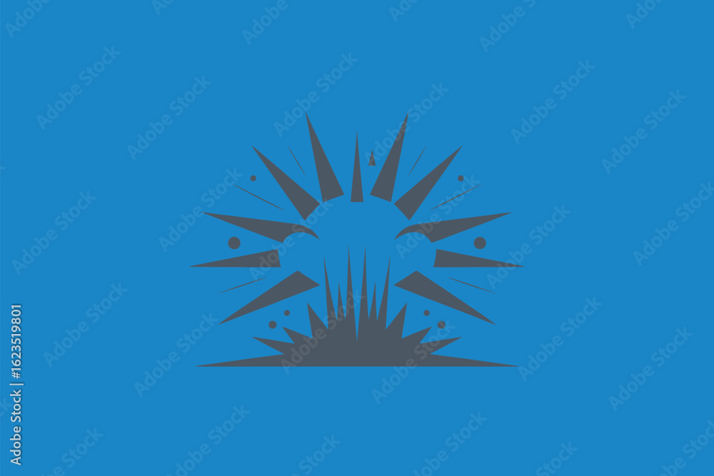 Poster a stylized gray sunburst design with radiating lines and small circles on a solid blue background im