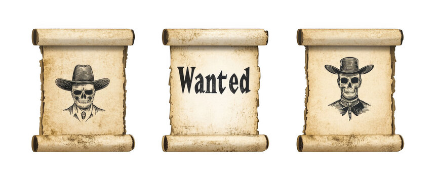 Vintage wanted poster scrolls with skull cowboys for western themes