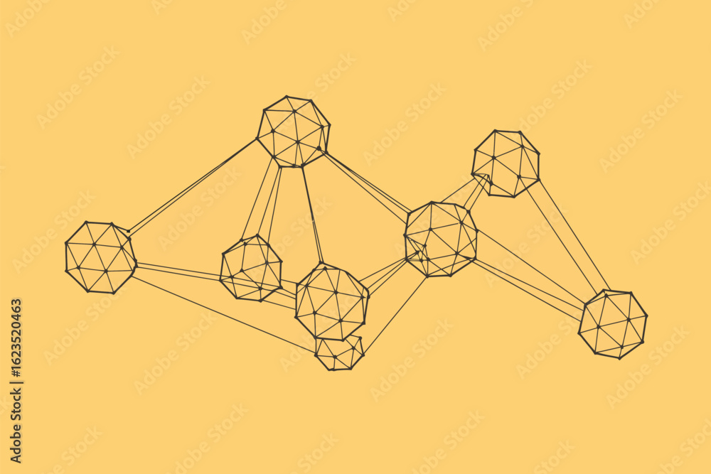 Poster a network of polygonal shapes connected by lines on a light yellow background abstract illustration