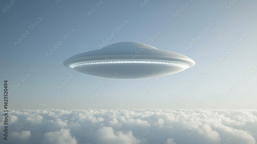 Poster unidentified flying object over cloudscape: a serene view of an alleged alien spacecraft hovering ab