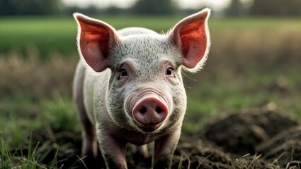 A young piglet standing on the grass in a natural outdoor setting.