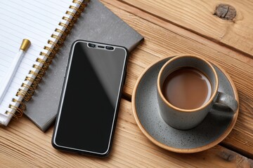 Schreibtisch mit Smartphone, Notizblock und Kaffeetasse – Draufsicht