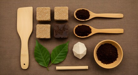 Closeup of natural wooden spoons and forks with dry spices on a white background, perfect for healthy cooking