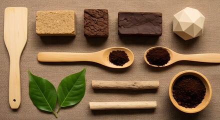 A close-up of brown cinnamon sticks, powder, and cocoa, perfect for describing sweet coffee and chocolate desserts