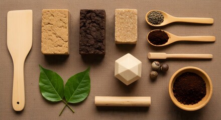 Delicious natural coffee beans with brown sugar cubes and milk chocolate on a white wooden background