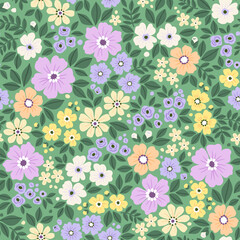 Vector seamless pattern. Vintage pattern in small flowers. Small pastel colors flowers. Green background. Ditsy floral background. Delicate cute template for fashion textile prints. Stock vector. 
