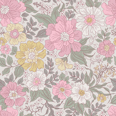 Vintage seamless floral pattern. Liberty style background of small pastel nature flowers. Small blooming daisy flowers scattered over a beige background. Stock vector for printing on surfaces. Print 
