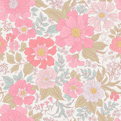 Vintage seamless floral pattern. Liberty style background of small coral pink flowers. Small flowers scattered over a ecru background. Stock vector for printing on surfaces. Realistic flowers retro

