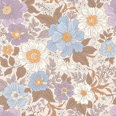 Seamless floral pattern for design. Small pastel flowers. Ivory background. Liberty floral pattern. Beautiful template for fashion prints. Flowers field vector floral pattern in soft and natural color