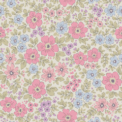 Vintage seamless floral pattern. Liberty style background of small pastel colorful flowers. Small flowers scattered over a retro beige background. Stock vector for printing on surfaces. Ditsy flowers. © ann_and_pen