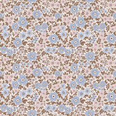 Cute floral pattern. Pretty flowers on beige background. Printing with small pastel blue flowers. Ditsy print. Seamless vector texture. Spring bouquet. Vintage liberty template for fashion prints. 
