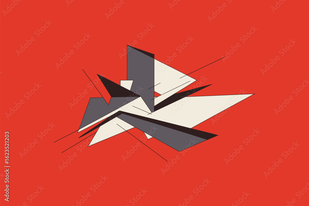 Poster abstract geometric shapes in gray and white overlapping on a bold red background with thin black lin