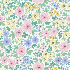  Vintage seamless floral pattern. Liberty style background of small pastel colorful flowers. Small flowers scattered over a white background. Stock vector for printing on surfaces. Retro flowers.
