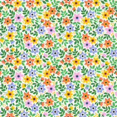 Bright seamless floral pattern. Ditsy style background of small colorful flowers. Small blooming daisy flowers scattered over a white background. Stock vector for printing on surfaces and web design.
