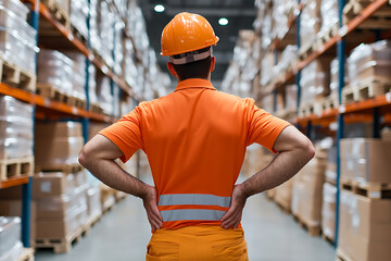Warehouse worker in safety gear with hands on lower back, viewed from behind. Boxes line the shelves.
