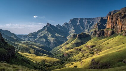 A panoramic view of the majestic Drakensberg Mountain range in South Africa, with its rugged peaks and lush green valleys under a clear blue sky Generative AI