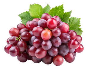 Fototapeta premium Bunch of fresh red grapes with green leaves, isolated on transparent background