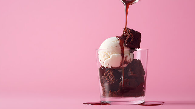 Dessert delight: chocolate brownies and vanilla ice cream in a glass getting drizzled with chocolate syrup on a pink backdrop for a sweet and tasty treat.