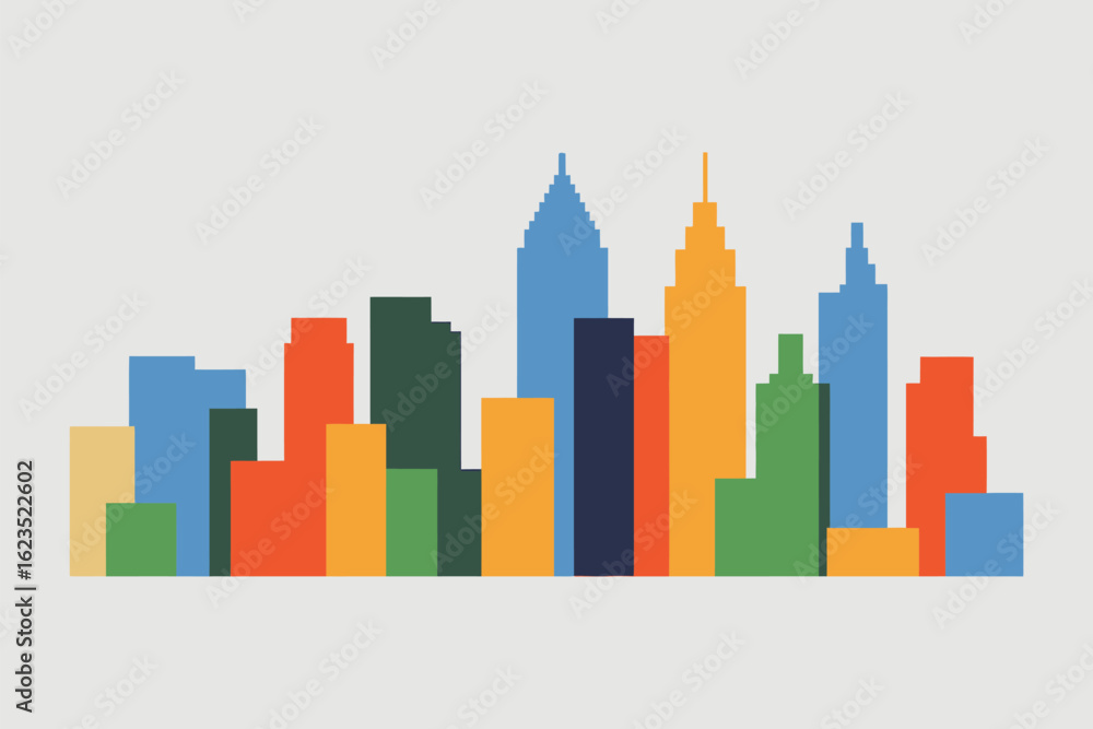 Poster a colorful cityscape silhouette against a light background with various building structures depicted