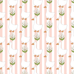 Geese and Flowers Seamless Pattern Pink Striped Background. Perfect for Prints, Wrapping Paper, Wallpaper, Textiles, Stationery, and Fabric