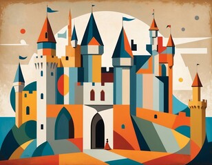 Abstract Colorful Castle Illustration with Geometric Design Elements