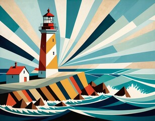 Colorful Geometric Lighthouse Scene with Bold Rays and Ocean Waves