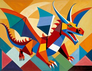 Abstract Cubist Painting of a Vibrant Multicolor Dragon in Motion