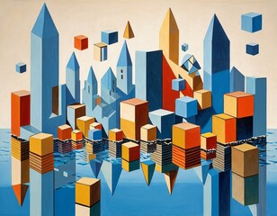 Abstract Geometric Cityscape with Colorful Floating Blocks and Reflections