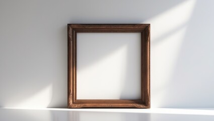 Empty picture frame on a white wall with sunlight and shadow. Minimalistic and modern interior decor. The concept of simplicity and minimalism in home design.