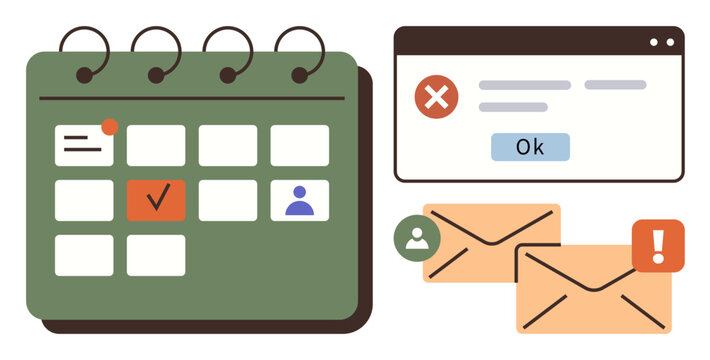 Monthly calendar view, marked events, user profile icon, email notifications, error message pop-up. Ideal for time management, planning, organization, communication office workflow reminders
