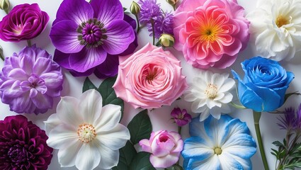 Fototapeta premium A variety of colorful roses and flowers arranged together with purple, pink, white, blue, and violet blossoms.